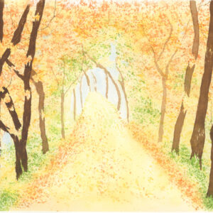 Watercolor painting of autumn foliage along a path leading to light