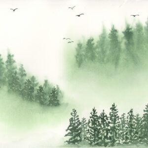 Misty Forest Watercolor Painting in Greens with birds
